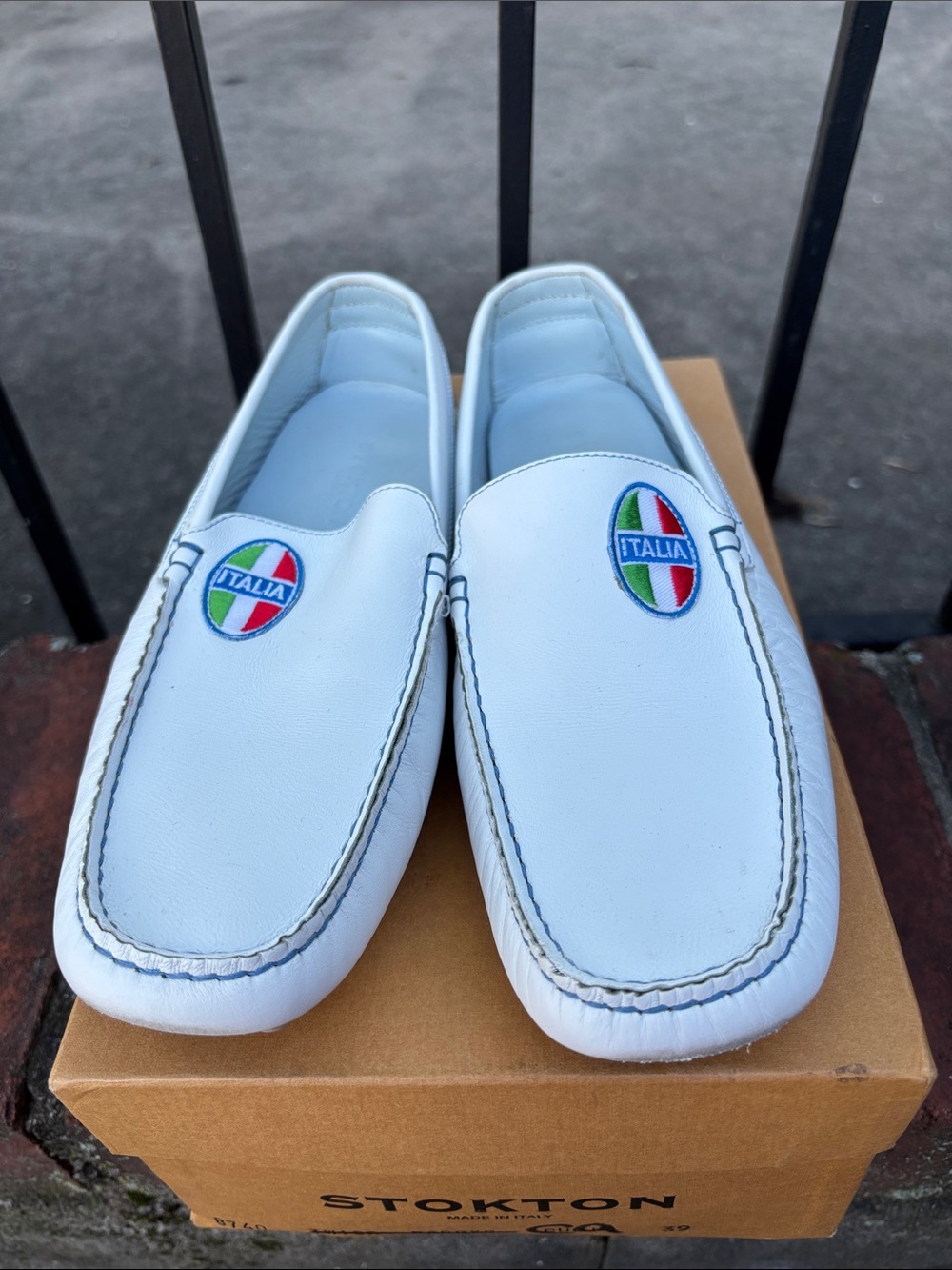 STOKTON White Leather Italia Emblem Slip-On Loafers for Women